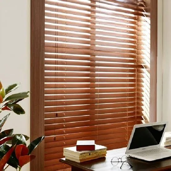 Wooden blinds with tilted slats, Dubai apartment